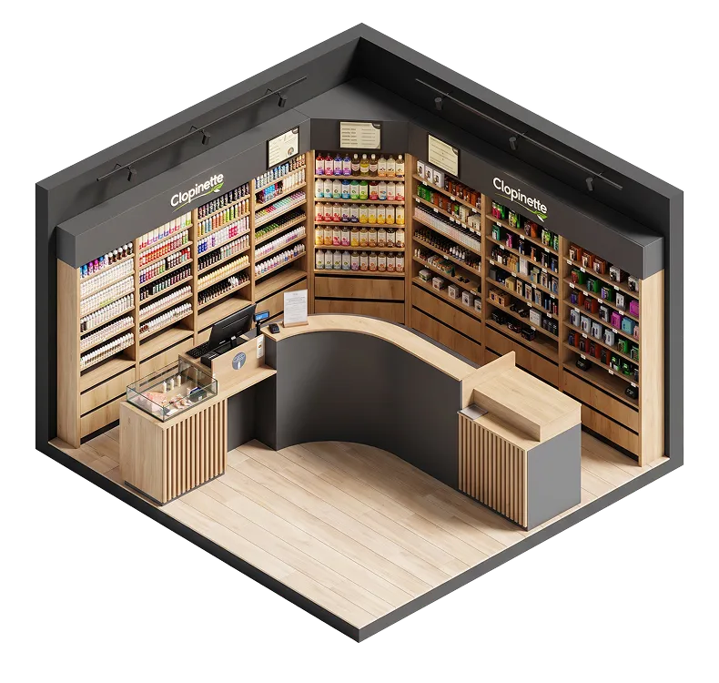 Agencement d’un commerce avec comptoir et présentoirs
